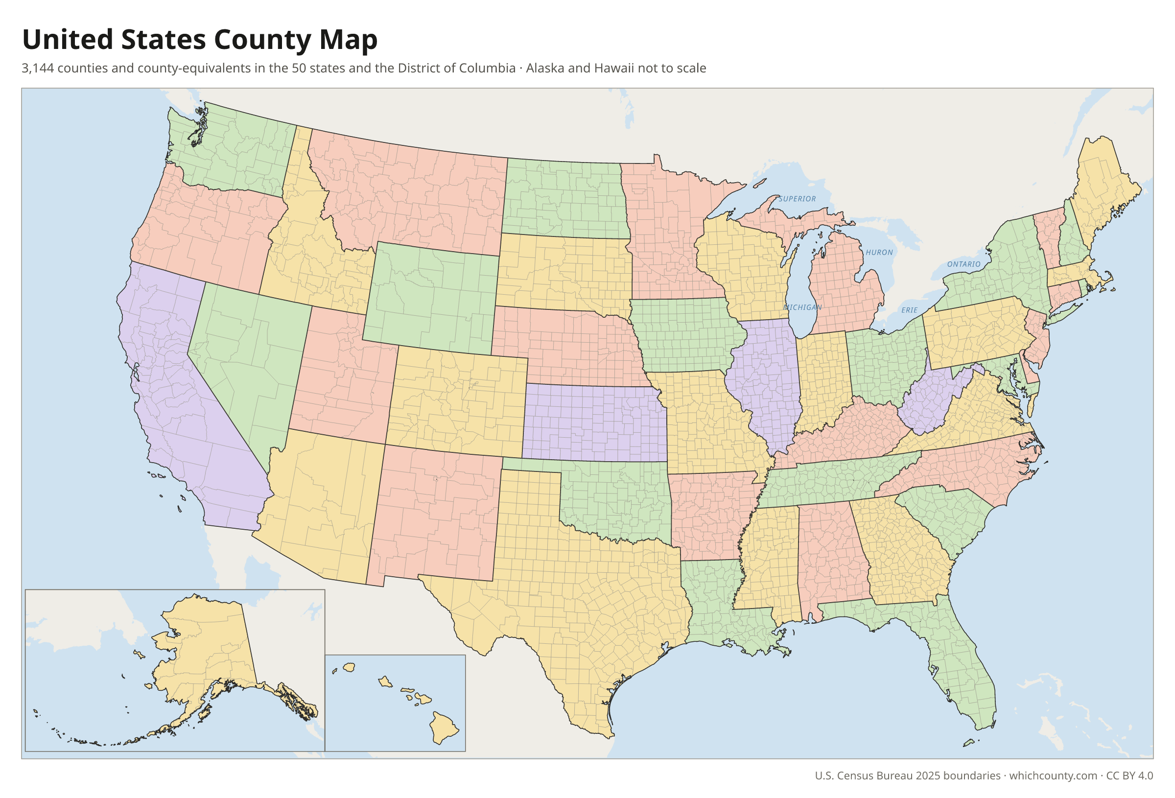Map of the United States showing all 3,144 counties and county-equivalents, with state borders